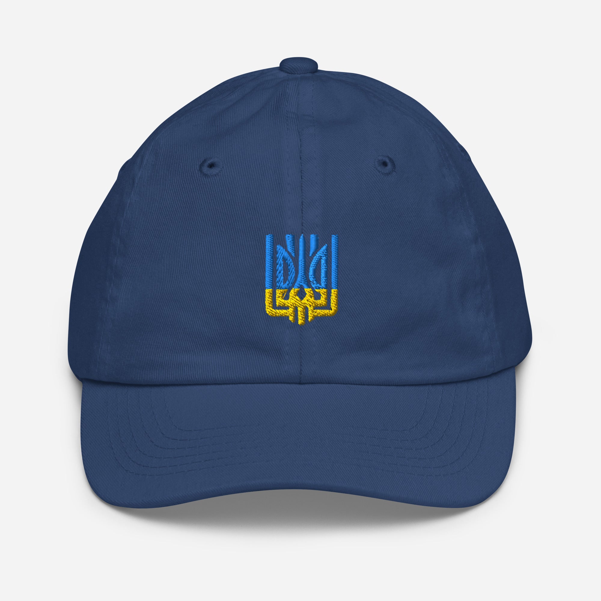 Blue youth baseball cap with Ukrainian Tryzub emblem, featuring breathable cotton twill and adjustable fit for active kids.