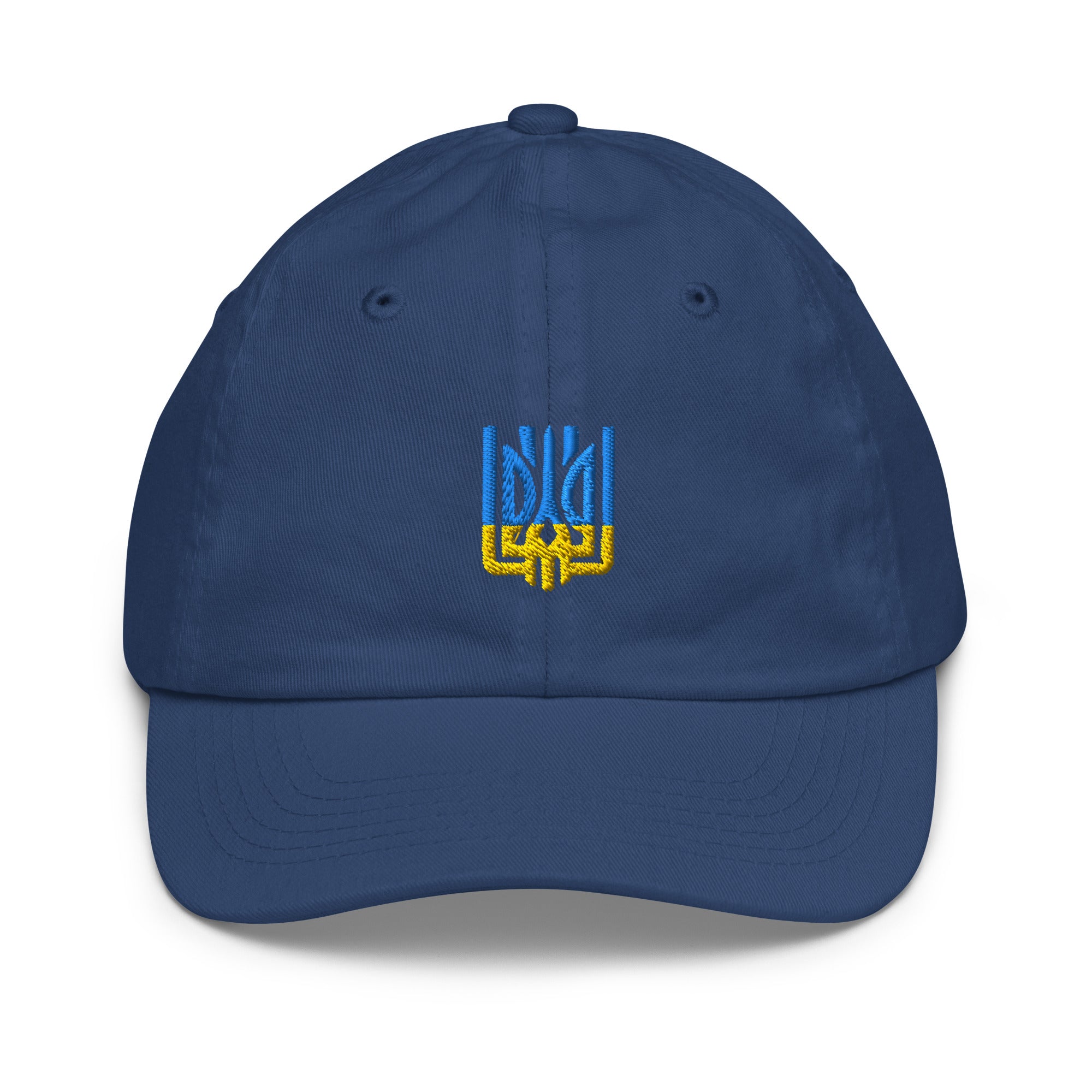 Youth baseball cap with Ukrainian Tryzub emblem, navy blue, breathable and adjustable, ideal for active kids and outdoor activities.