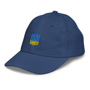 Youth baseball cap with Ukrainian Tryzub emblem, navy blue, breathable and adjustable, ideal for active kids, made from cotton twill.