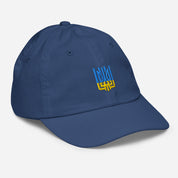 Blue youth baseball cap with Ukrainian Tryzub emblem, breathable and adjustable for active kids' sports and outdoor activities.
