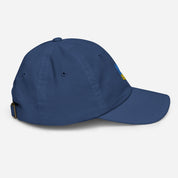 Youth baseball cap with Ukrainian Tryzub, breathable and adjustable, in blue. Made from 100% bio-washed cotton twill for active kids.