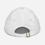 Back view of white youth baseball cap with adjustable strap and eyelets for ventilation. Features durable bio-washed chino cotton twill.