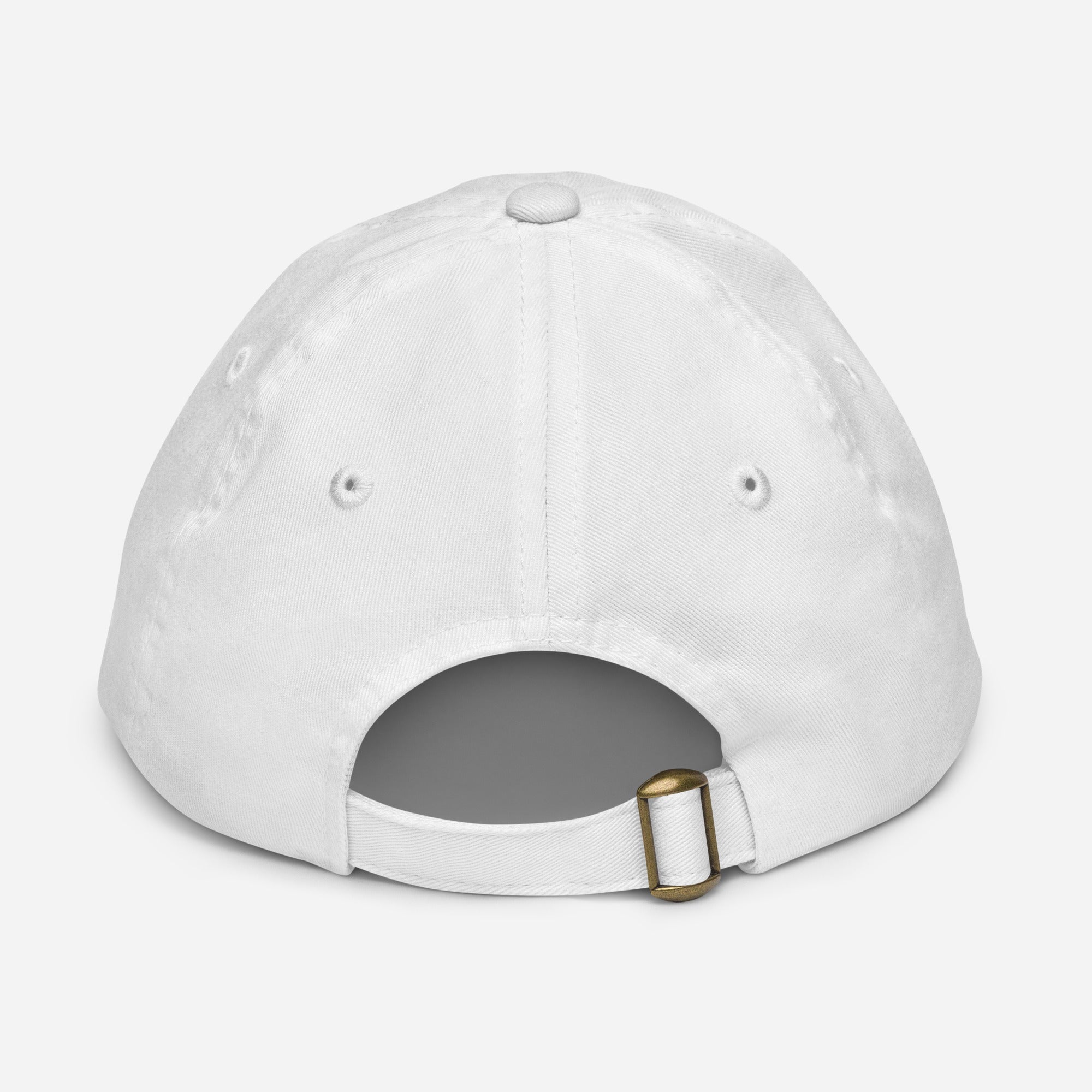 Back view of white youth baseball cap with adjustable strap and eyelets for ventilation. Features durable bio-washed chino cotton twill.