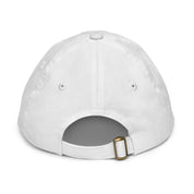 Back view of youth baseball cap showing adjustable strap and ventilation eyelets, designed for active kids, 100% bio-washed cotton twill.