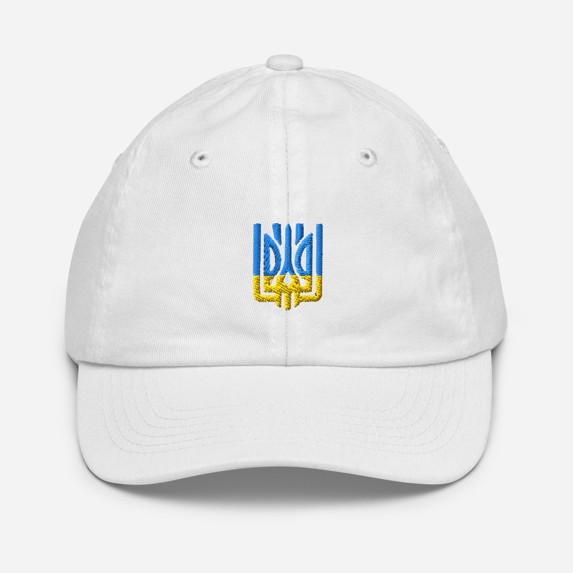 Youth baseball cap with Ukrainian Tryzub emblem, breathable and adjustable, ideal for active kids. Made from 100% bio-washed chino cotton.