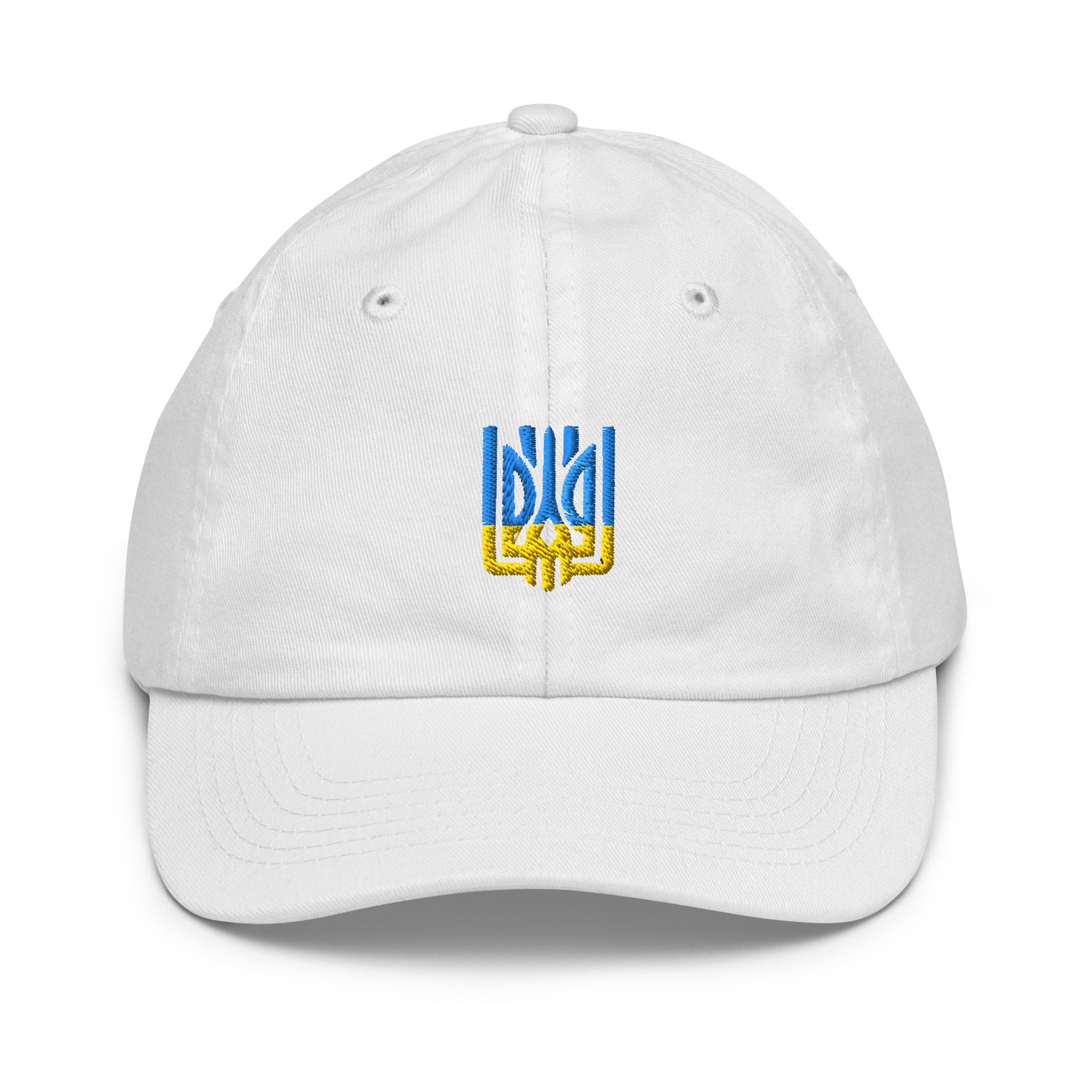 Youth baseball cap with Ukrainian Tryzub emblem in white, featuring breathable fabric and adjustable fit, ideal for active kids.