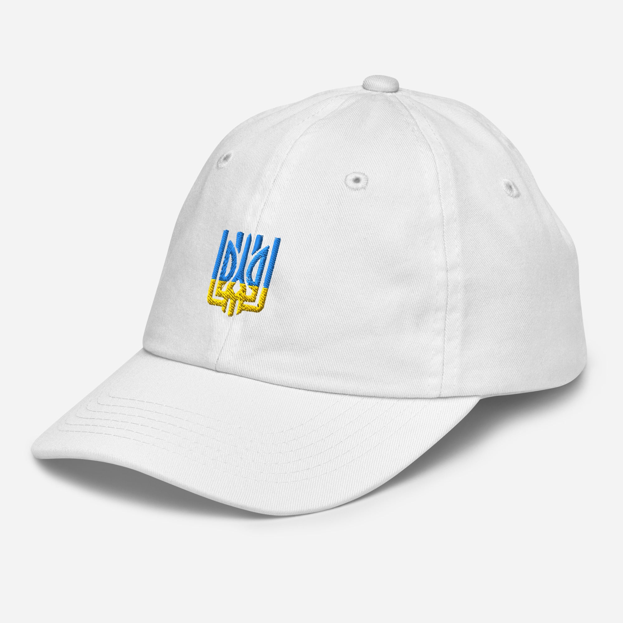 Youth baseball cap with Ukrainian Tryzub emblem, breathable white cotton, adjustable strap for active kids, perfect outdoor wear.
