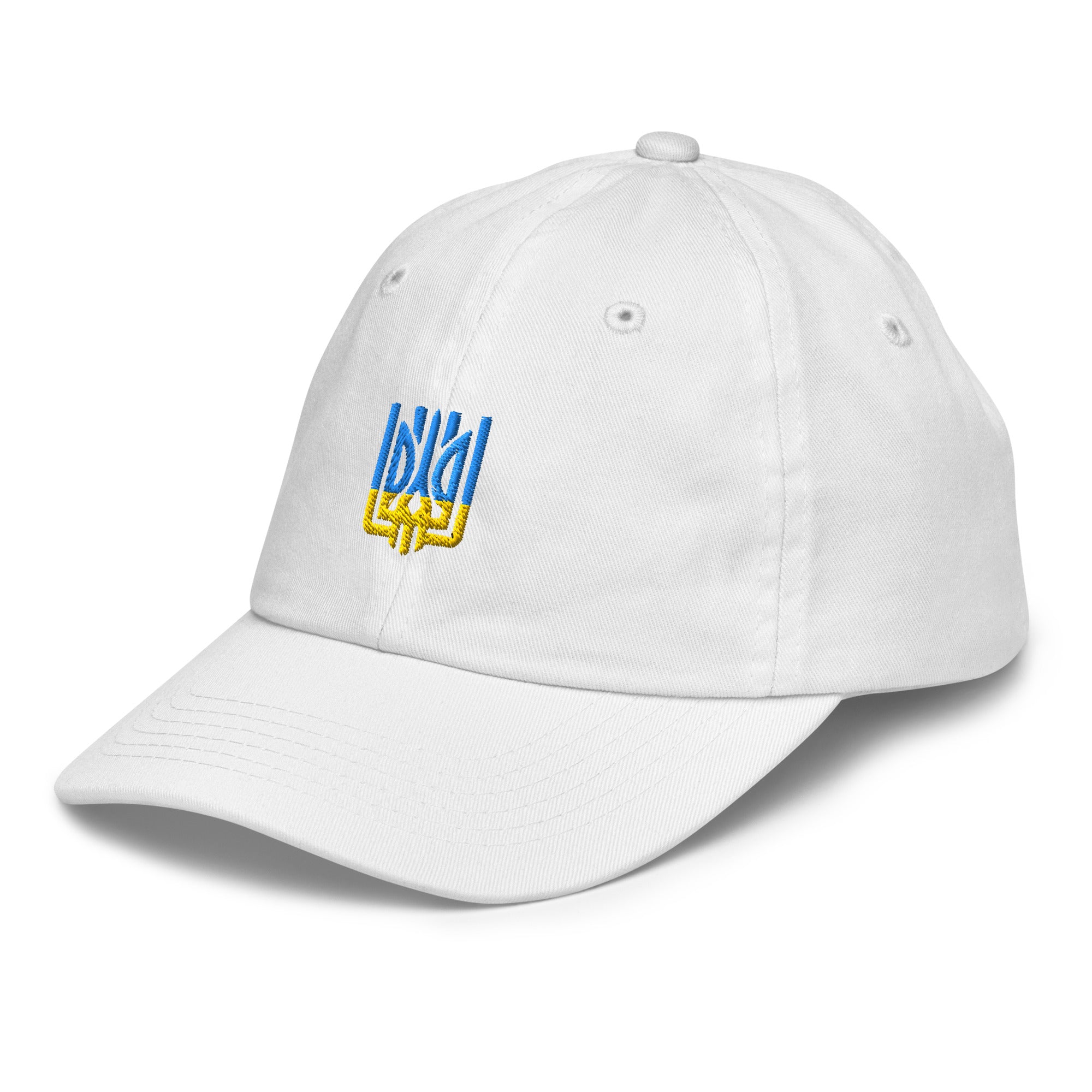 Youth baseball cap with Ukrainian Tryzub emblem, breathable bio-washed chino cotton, adjustable strap, and six ventilation eyelets.