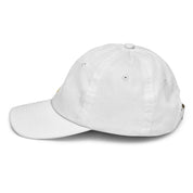 White youth baseball cap with Ukrainian Tryzub emblem, breathable and adjustable for active kids, side view.