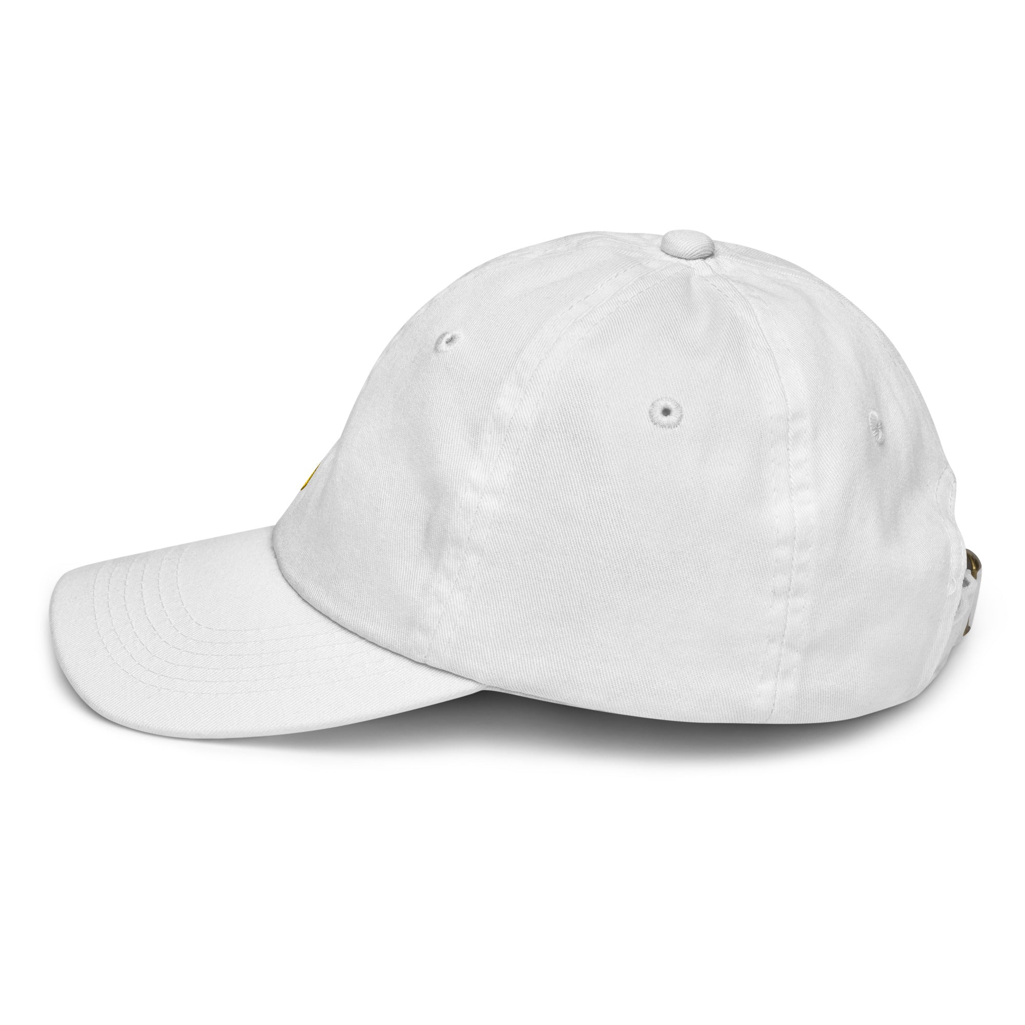White youth baseball cap with Ukrainian Tryzub emblem, breathable and adjustable for active kids, side view.