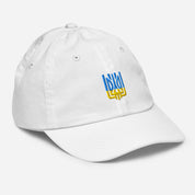 Youth baseball cap with Ukrainian Tryzub emblem, bio-washed cotton, breathable and adjustable fit, ideal for active kids.