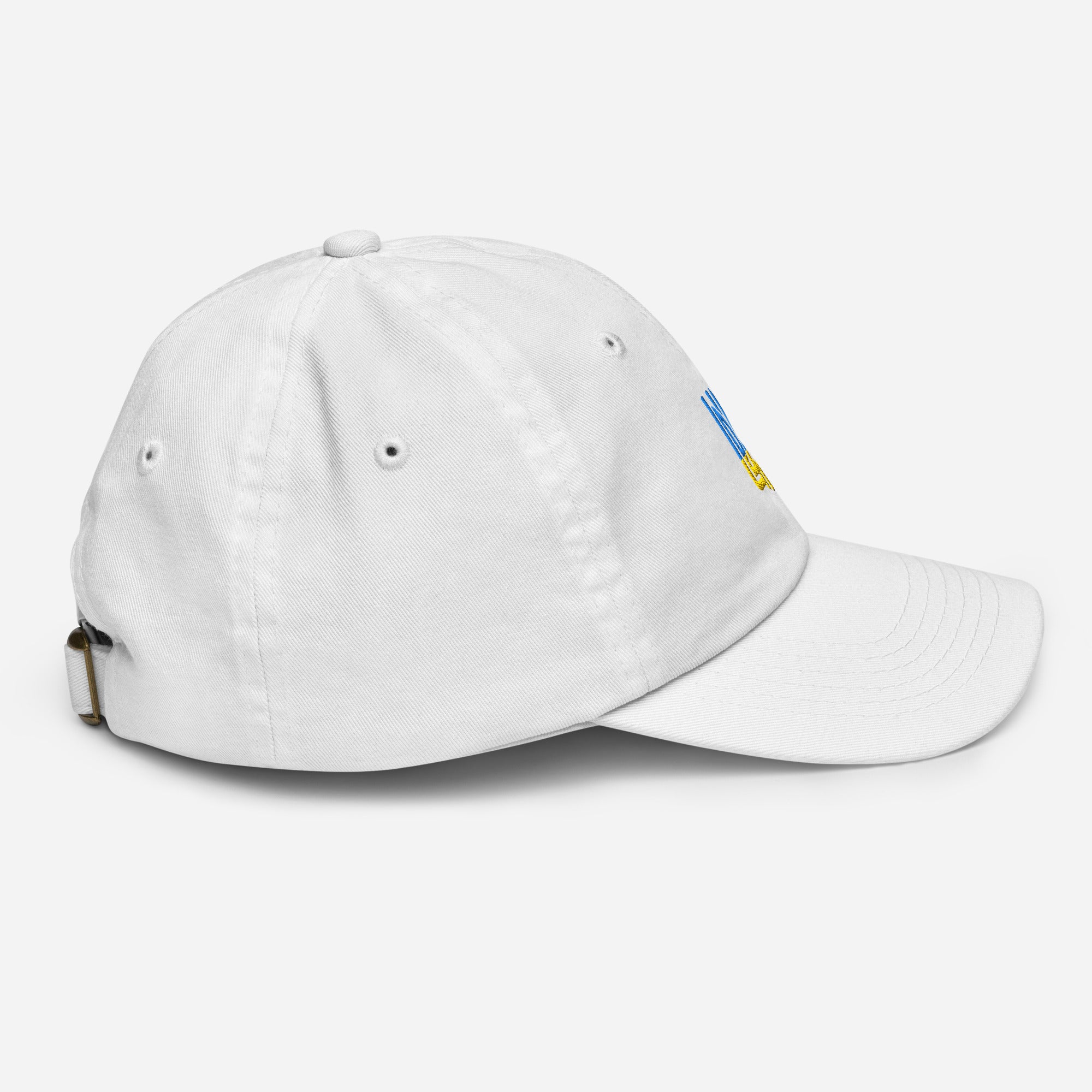 Youth baseball cap with Ukrainian Tryzub emblem, white bio-washed chino cotton, adjustable strap, and ventilation eyelets for active kids.