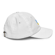 Adjustable youth baseball cap with Ukrainian Tryzub, side view, white color, breathable chino cotton twill, perfect for active kids.