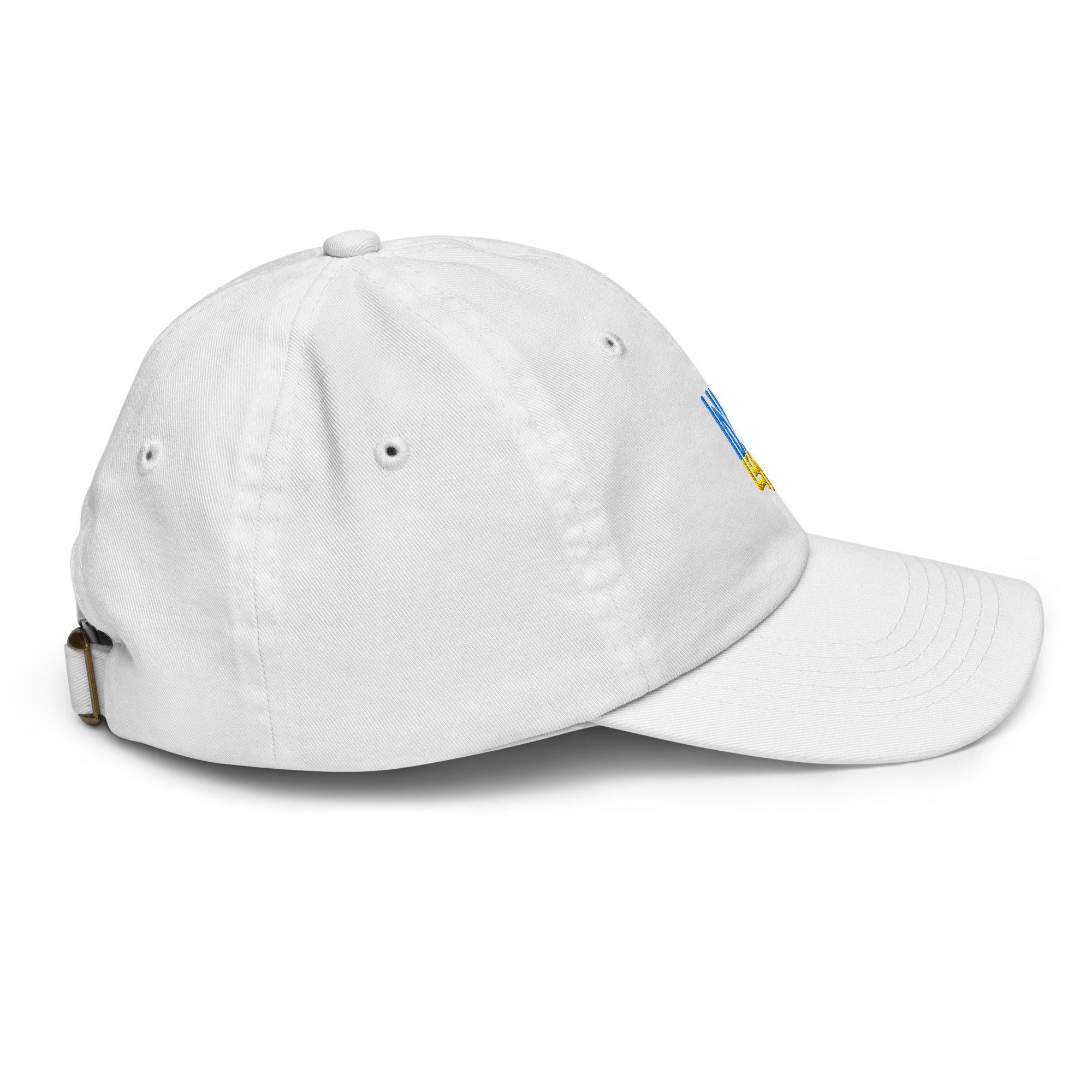 Adjustable youth baseball cap with Ukrainian Tryzub, side view, white color, breathable chino cotton twill, perfect for active kids.