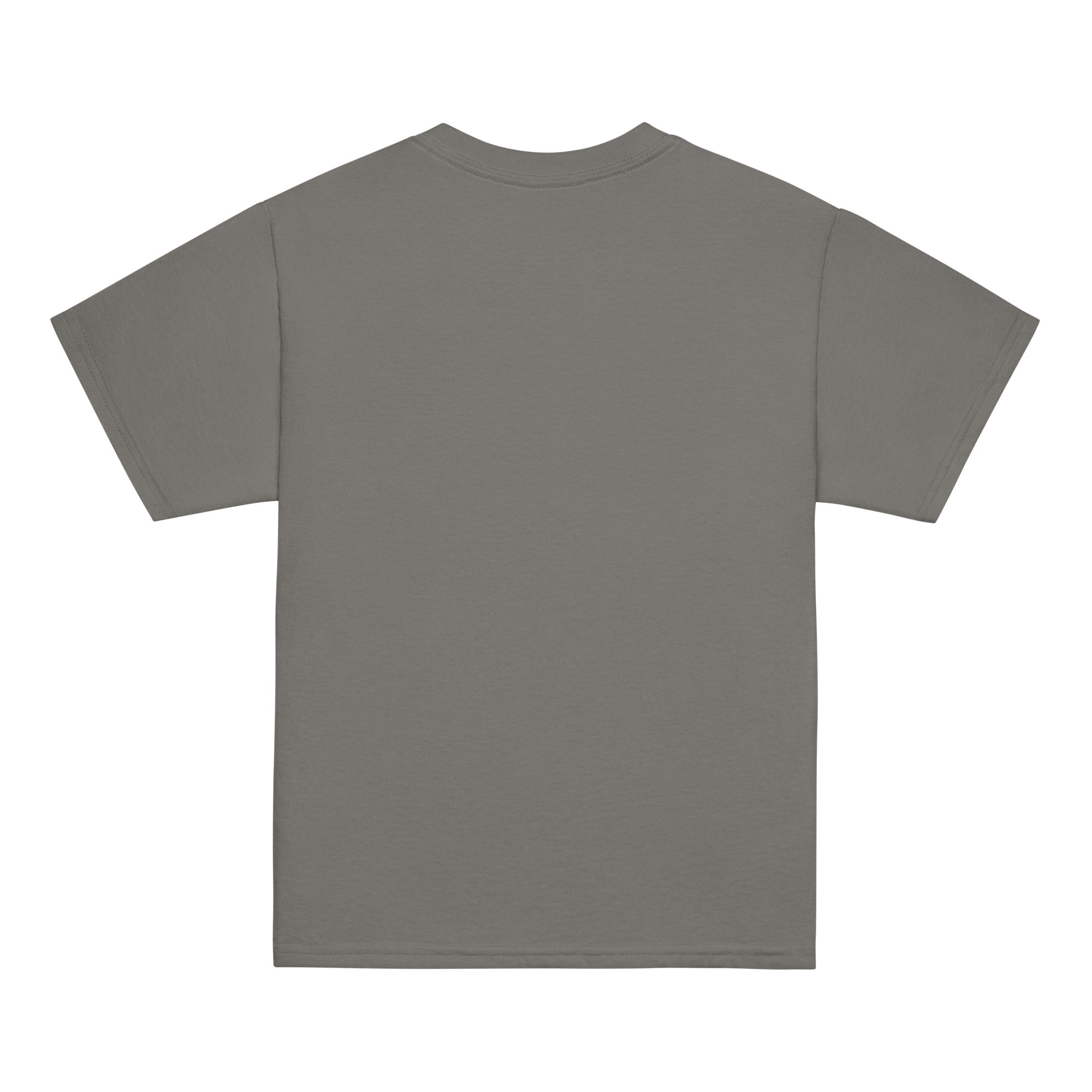 Back view of youth classic t-shirt in grey with plain design, showcasing minimal style and comfort.
