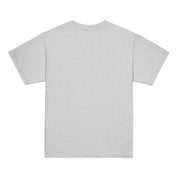 Back view of youth Sport Grey t-shirt highlighting Ukrainian Tryzub emblem, perfect for active kids showcasing heritage pride.