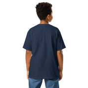 Back view of youth wearing a navy classic t-shirt with Ukrainian Tryzub emblem, symbolizing heritage and pride for active kids.