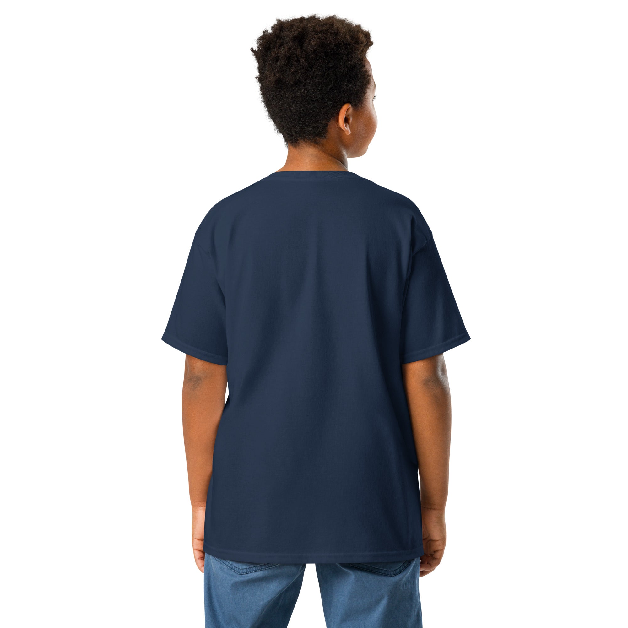 Back view of youth wearing a navy classic t-shirt with Ukrainian Tryzub emblem, symbolizing heritage and pride for active kids.