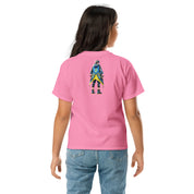 Youth pink tee with Ukrainian anime character, back view, 100% cotton, comfortable fit for kids, expressing Ukrainian pride.
