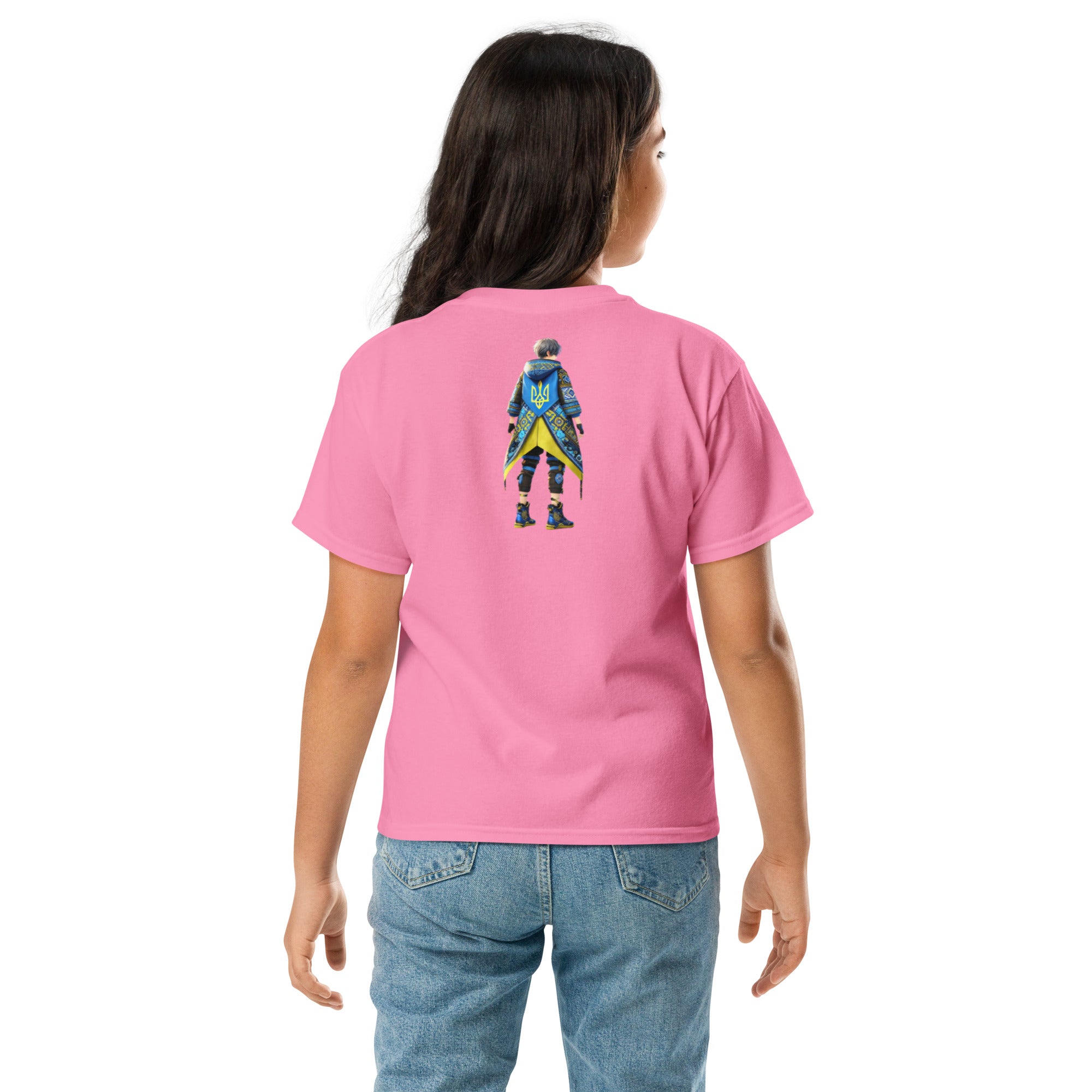 Youth pink tee with Ukrainian anime character, back view, 100% cotton, comfortable fit for kids, expressing Ukrainian pride.