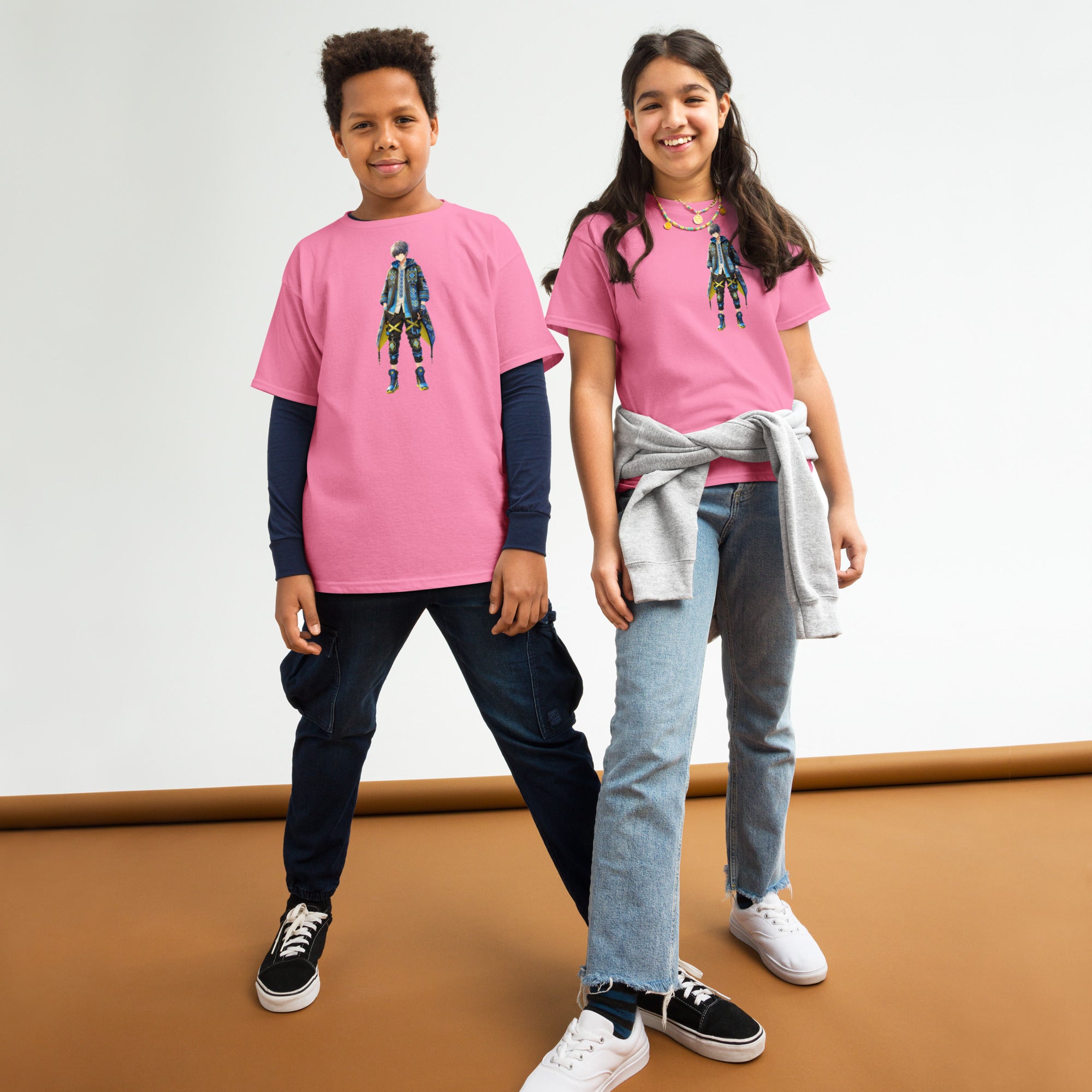 Kids wearing pink tees with Ukrainian anime character design, showcasing style and comfort in 100% cotton fabric.
