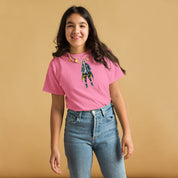 Girl wearing pink youth tee with Ukrainian anime character design, showcasing cultural pride and modern style.