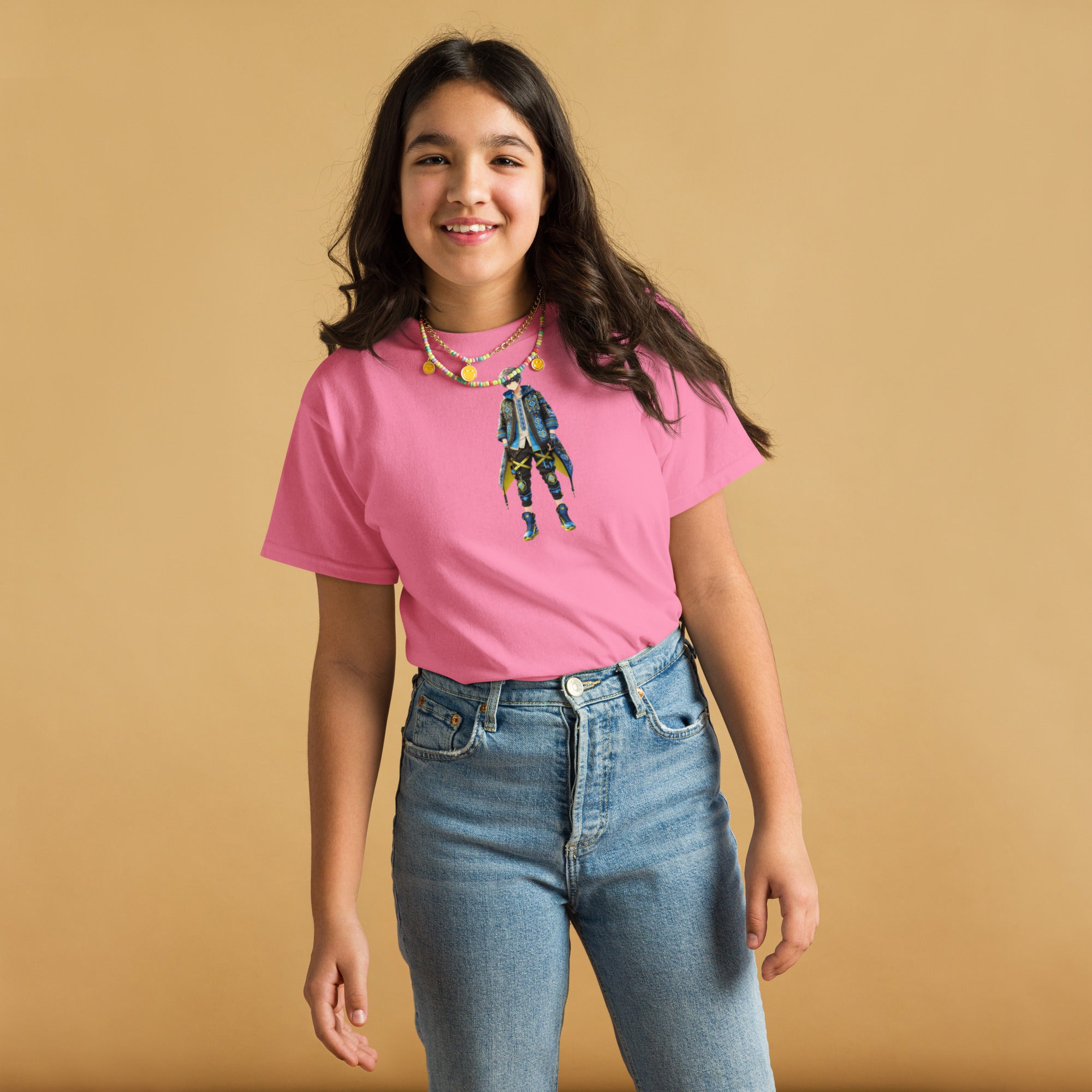 Girl wearing pink youth tee with Ukrainian anime character design, showcasing cultural pride and modern style.