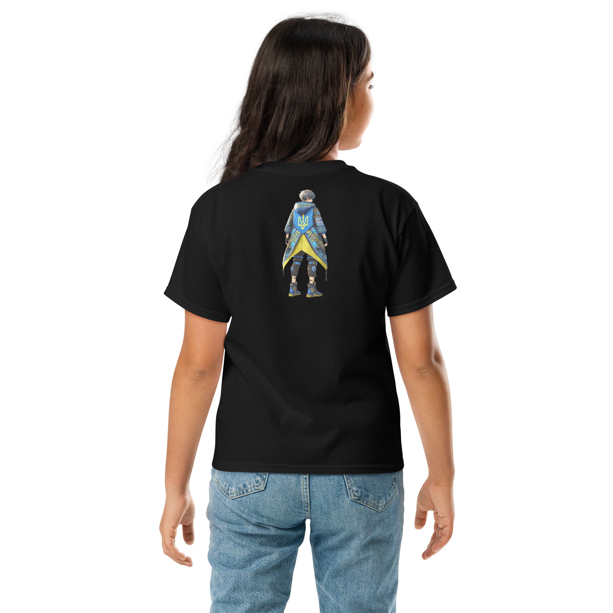 Youth classic tee with Ukrainian anime character, back view. 100% cotton, showcases national pride and style for kids.