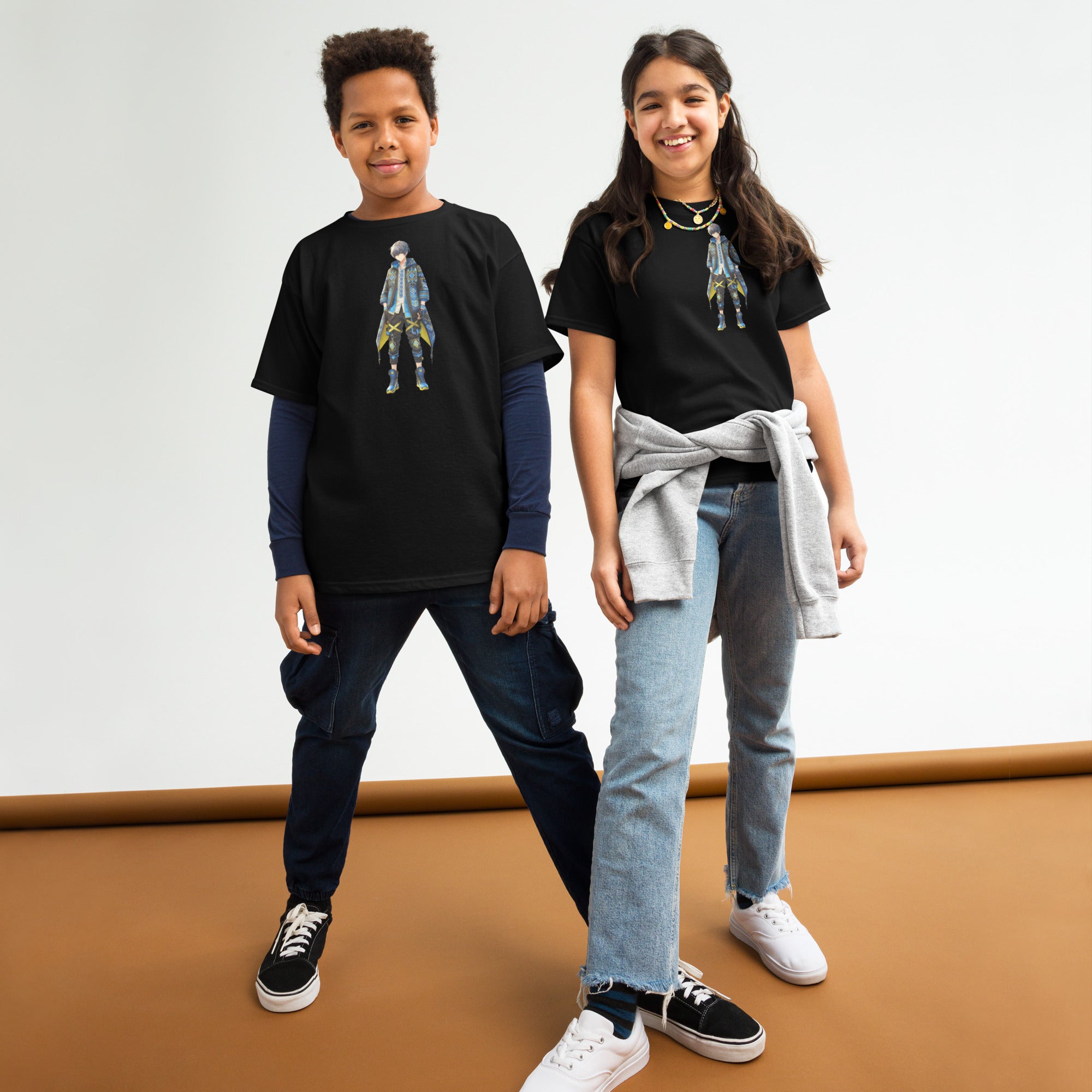 Children wearing youth classic tees with Ukrainian anime character design, showcasing modern style and cultural pride.