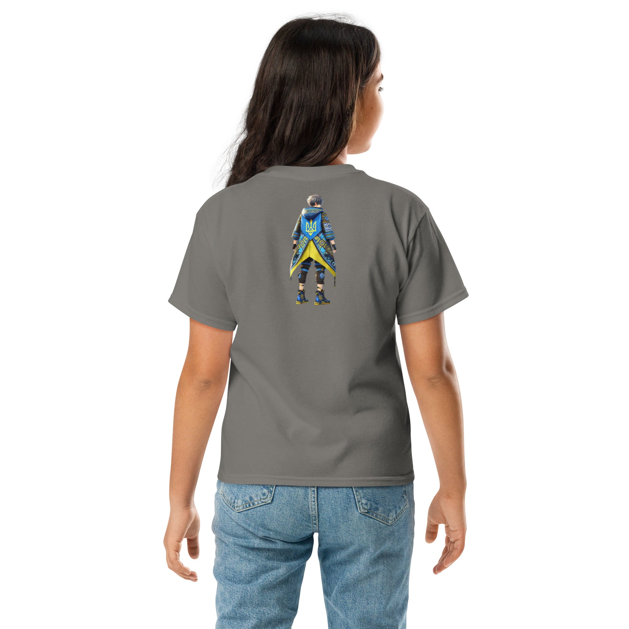Child wearing a grey Ukrainian anime character tee, back view, 100% cotton, expressing Ukrainian pride.