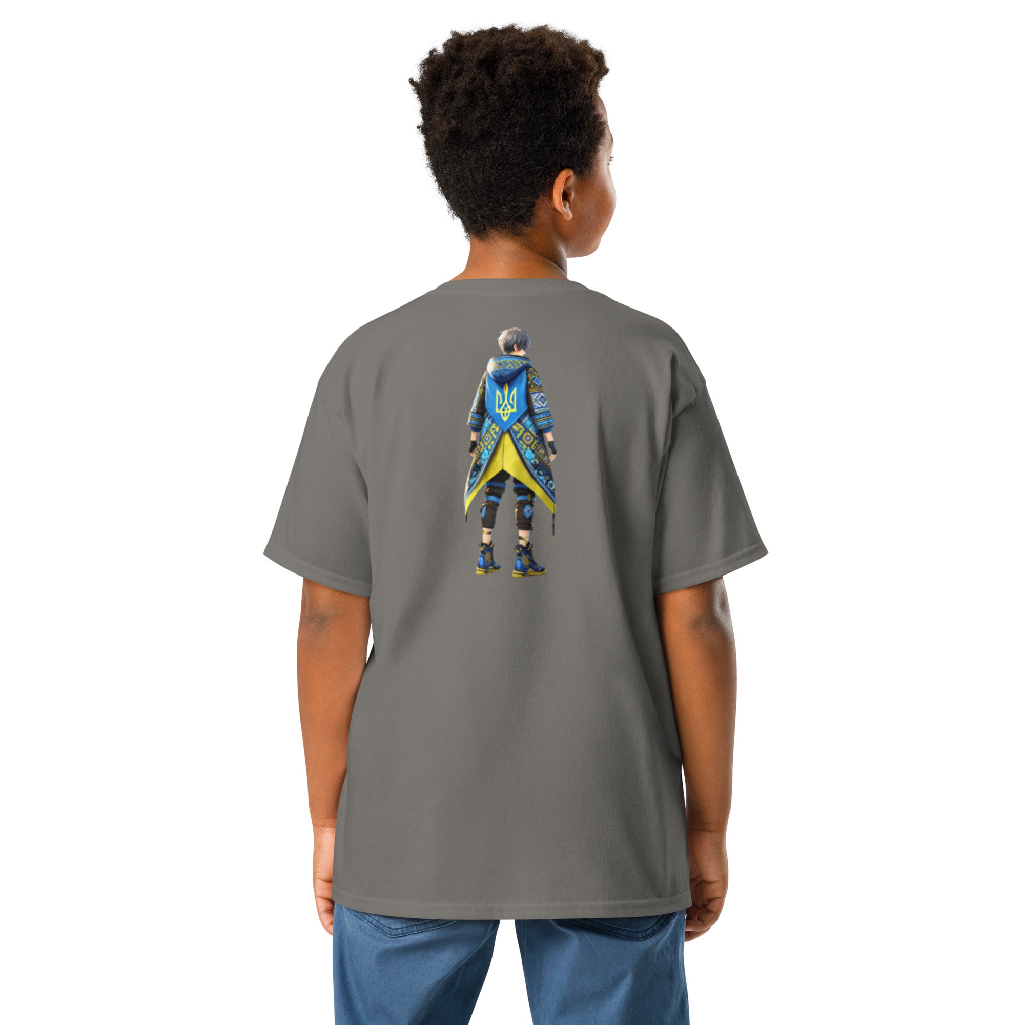 Youth classic tee with Ukrainian anime character print on back, 100% cotton, kid wearing stylish gray T-shirt, expressing Ukrainian pride.