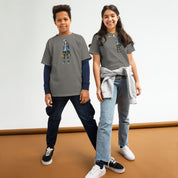 Kids wearing youth classic tees with Ukrainian anime character, showcasing comfortable and stylish 100% cotton apparel.