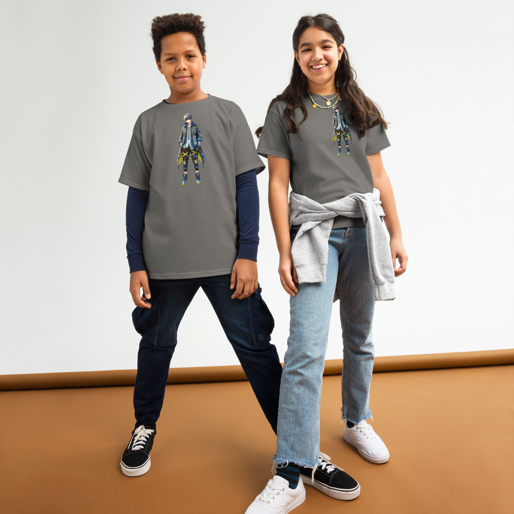 Kids wearing youth classic tees with Ukrainian anime character, showcasing comfortable and stylish 100% cotton apparel.