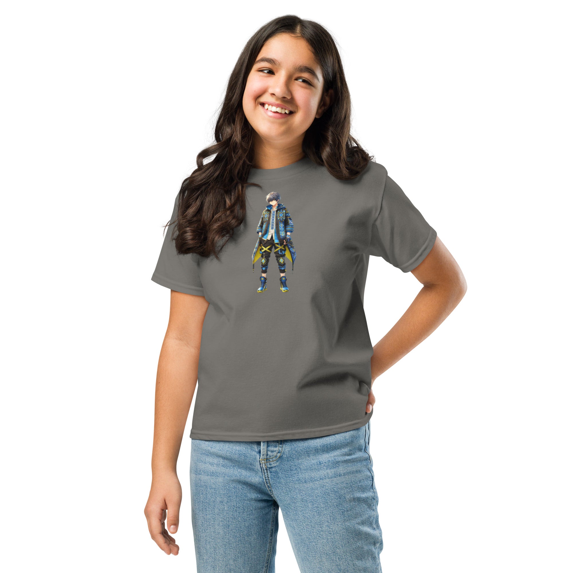 Youth classic tee with Ukrainian anime character, 100% cotton, perfect for kids expressing Ukrainian pride in a fun style.