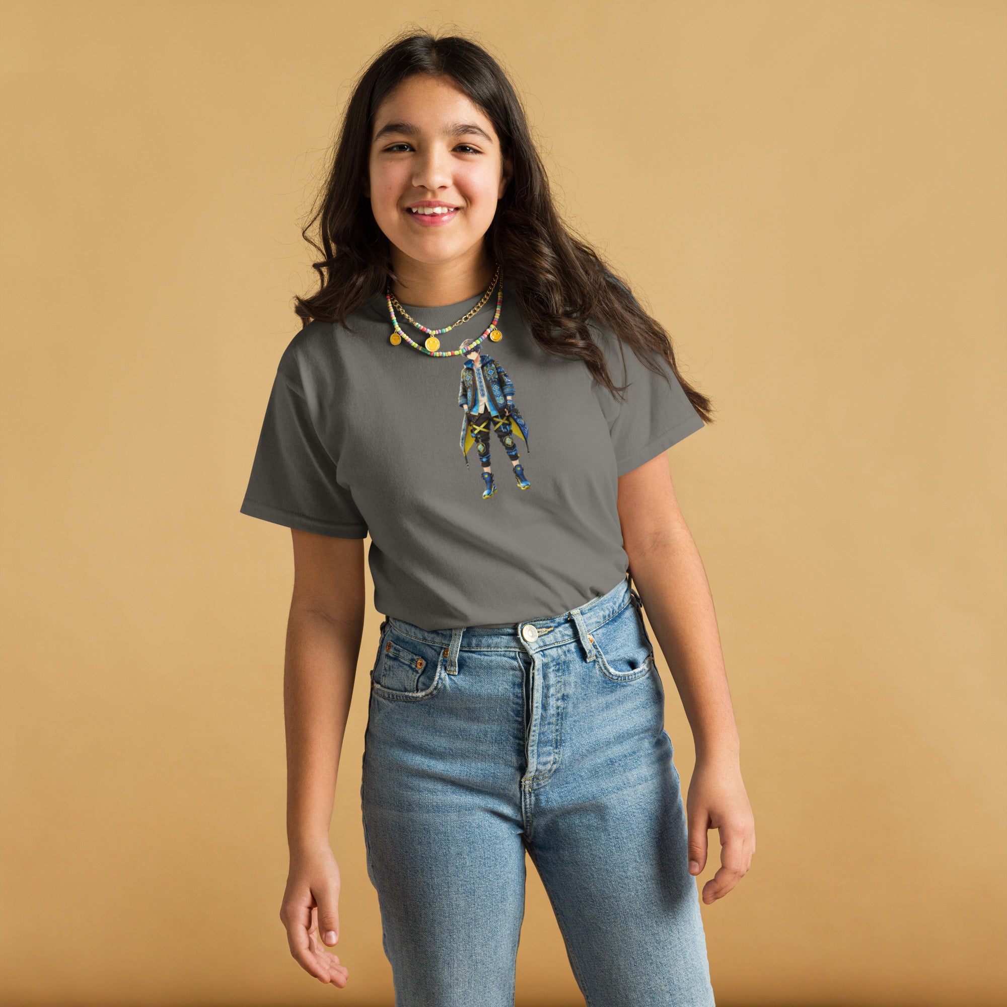 Youth classic tee with Ukrainian anime character, worn by smiling child. Cotton blend for comfort, expressing Ukrainian pride.