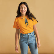 Youth wearing orange tee with Ukrainian anime character, expressing modern Ukrainian pride, 100% cotton for comfort and style.