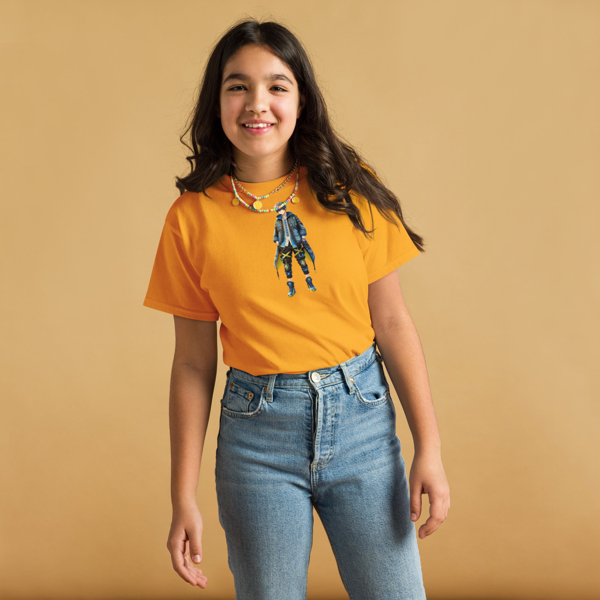 Youth wearing orange tee with Ukrainian anime character, expressing modern Ukrainian pride, 100% cotton for comfort and style.