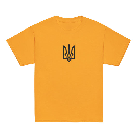 Youth classic t-shirt in orange with Tryzub design celebrating Ukrainian heritage, made of premium cotton for comfort and durability.