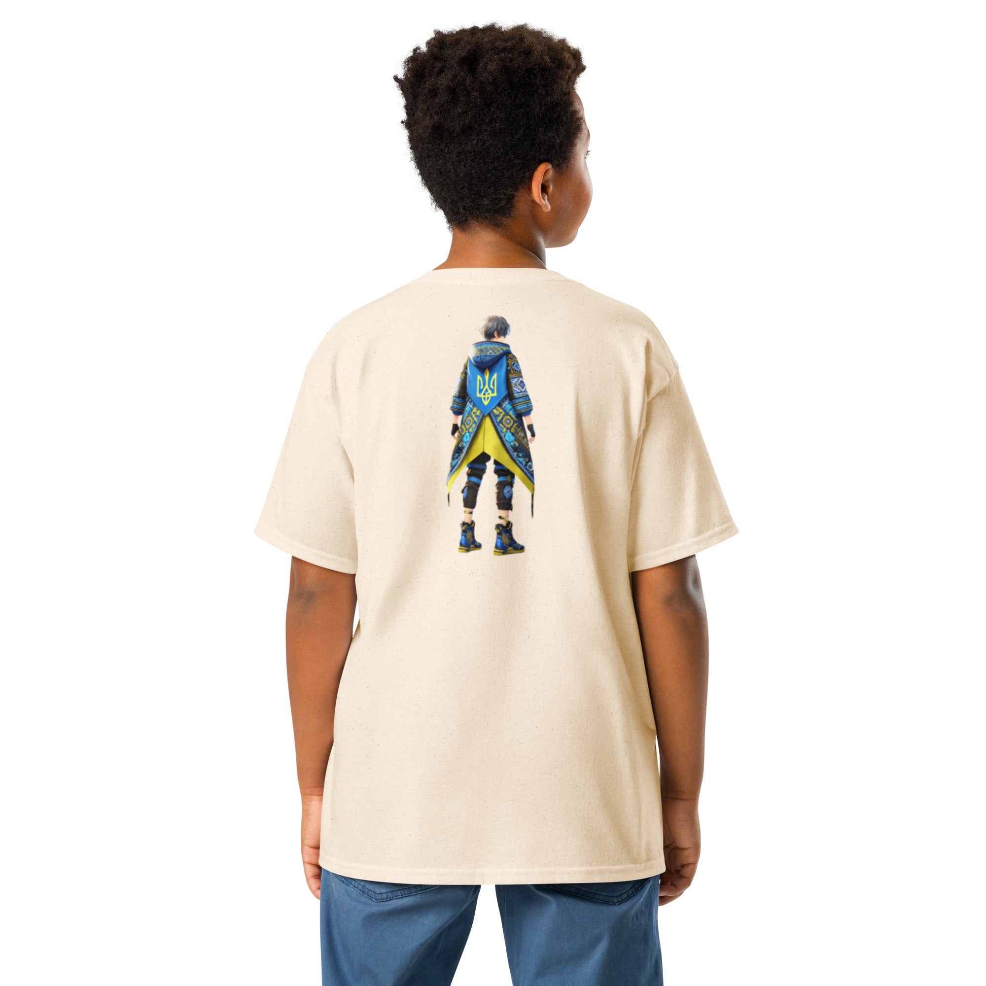 Youth classic tee with Ukrainian anime character print, 100% cotton, back view. Perfect for expressing Ukrainian pride with style.