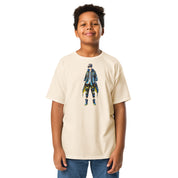 Youth wearing classic tee with Ukrainian anime character, 100% cotton, stylish and comfortable for kids, expressing Ukrainian pride.