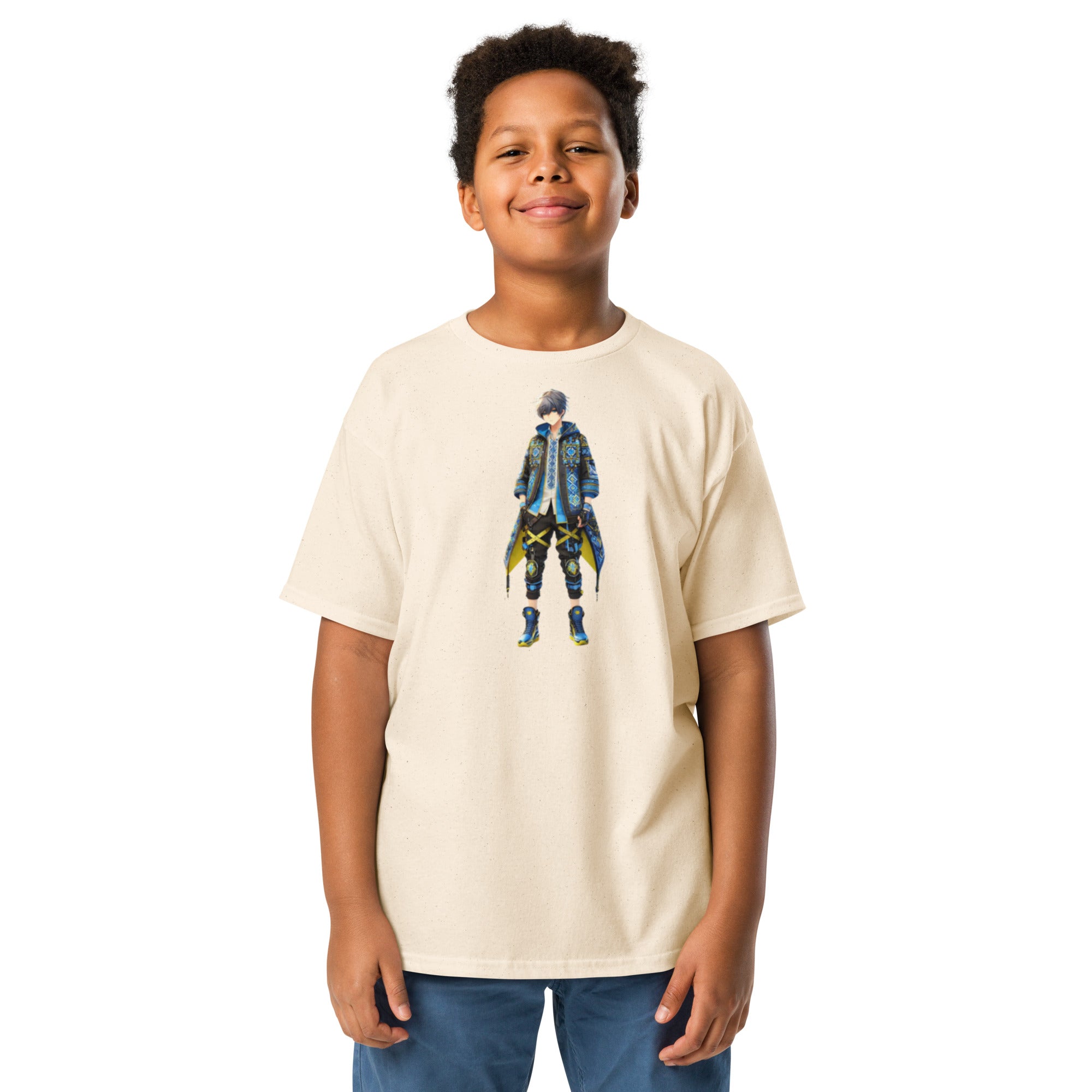 Youth wearing classic tee with Ukrainian anime character, 100% cotton, stylish and comfortable for kids, expressing Ukrainian pride.