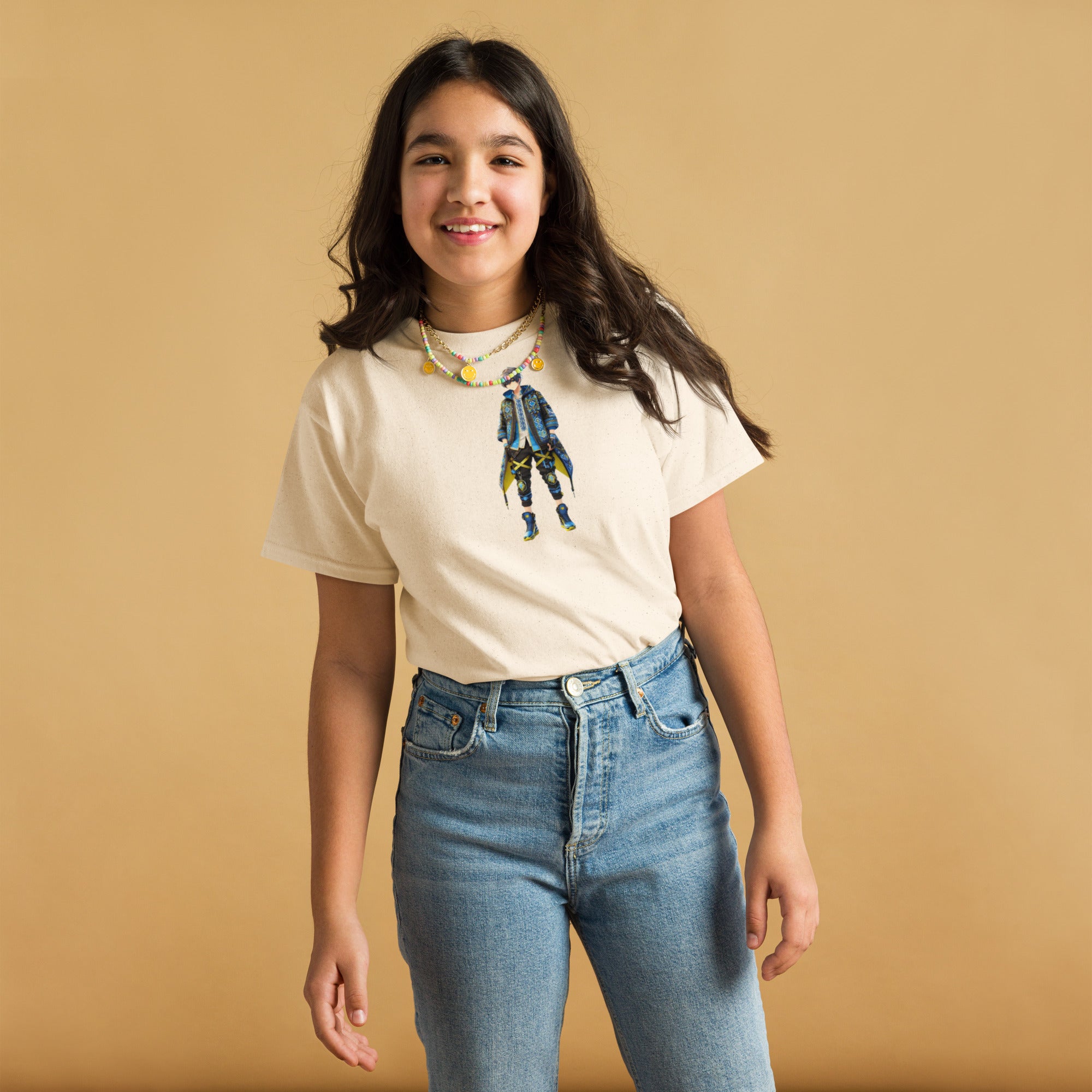 Girl wearing youth classic tee with Ukrainian anime character design, expressing cultural pride and style.