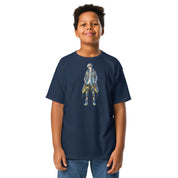 Boy wearing navy Youth Classic Tee with Ukrainian anime character design.