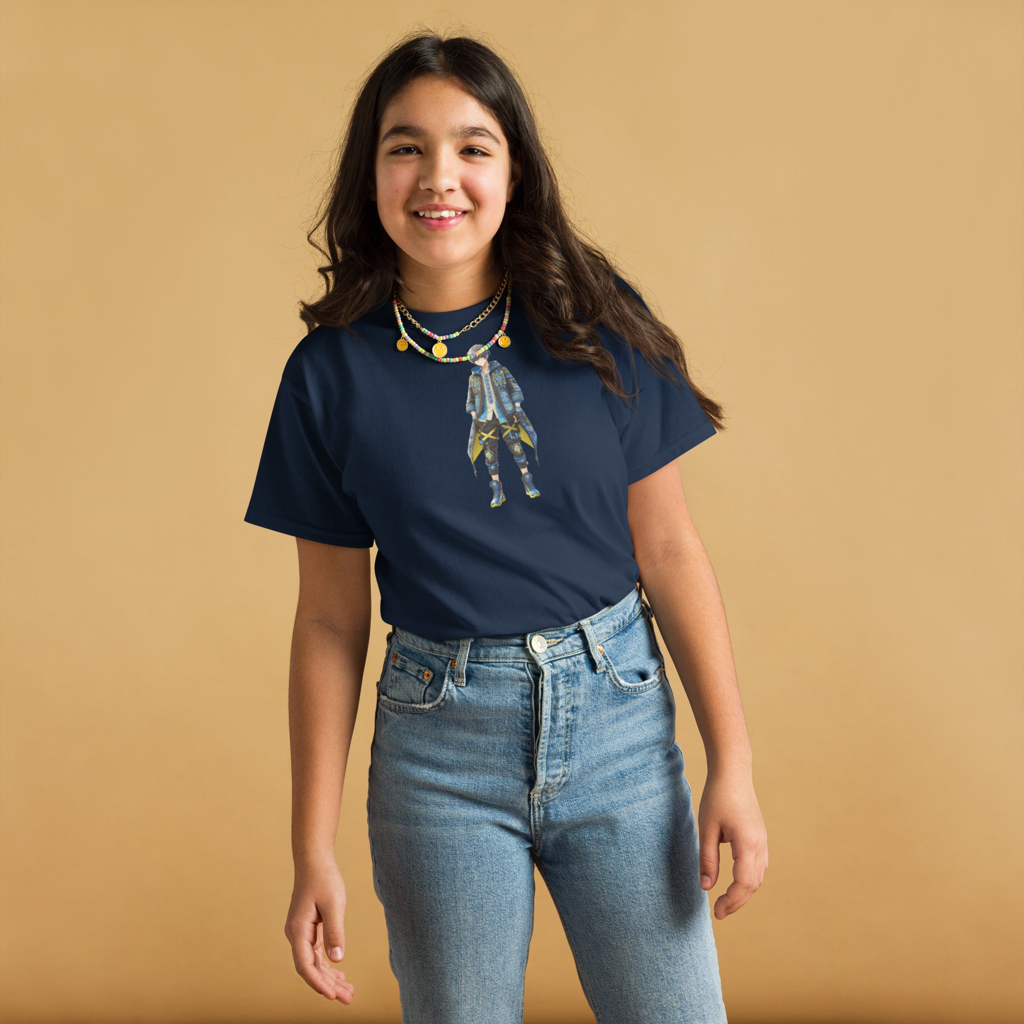Youth wearing a navy classic tee with Ukrainian anime character design, made from 100% cotton for comfort and style.