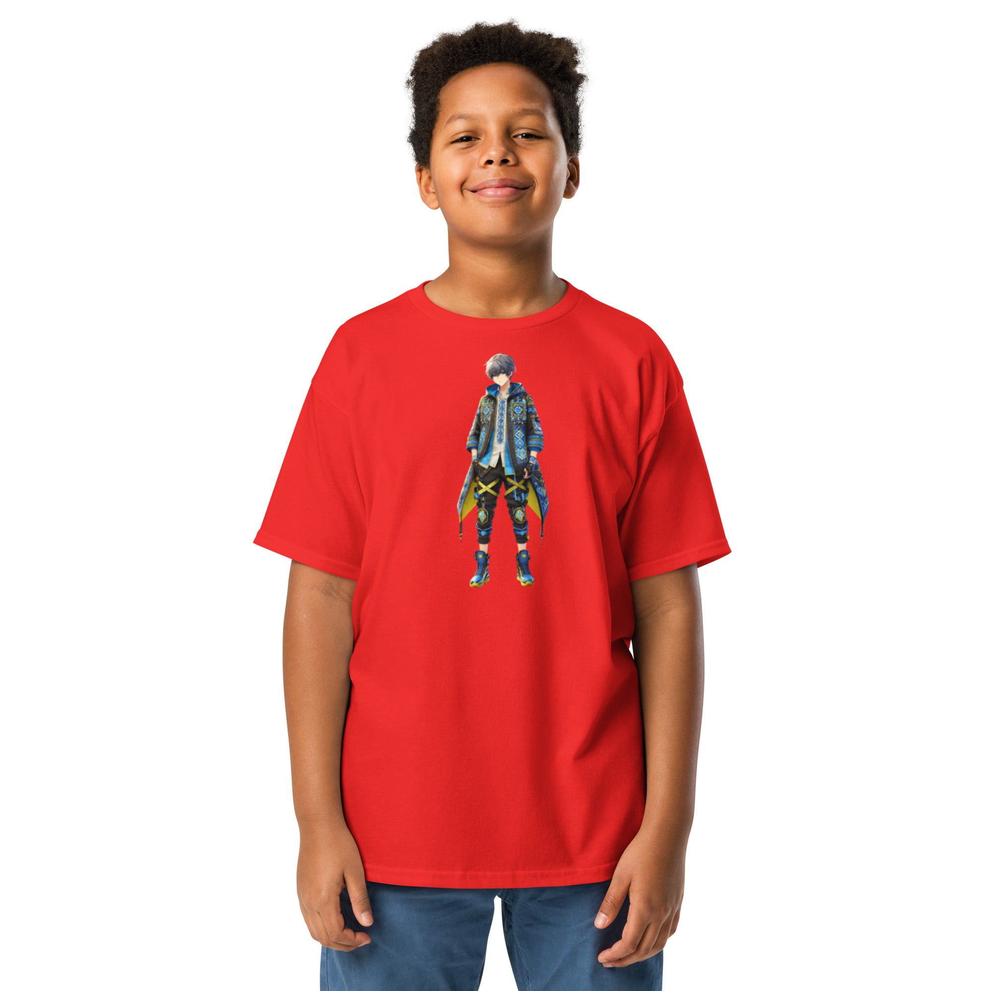 Youth wearing red tee with Ukrainian anime character design, showcasing unique style and cultural pride.