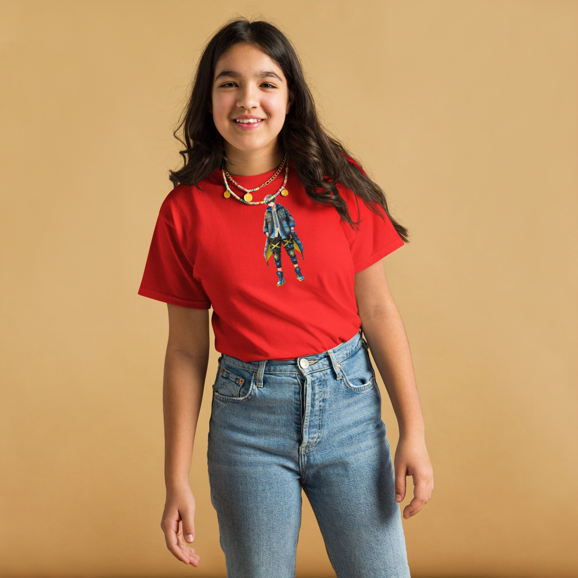 Youth classic tee with Ukrainian anime character, red shirt design, 100% cotton, worn by a smiling girl, casual fashion for kids.