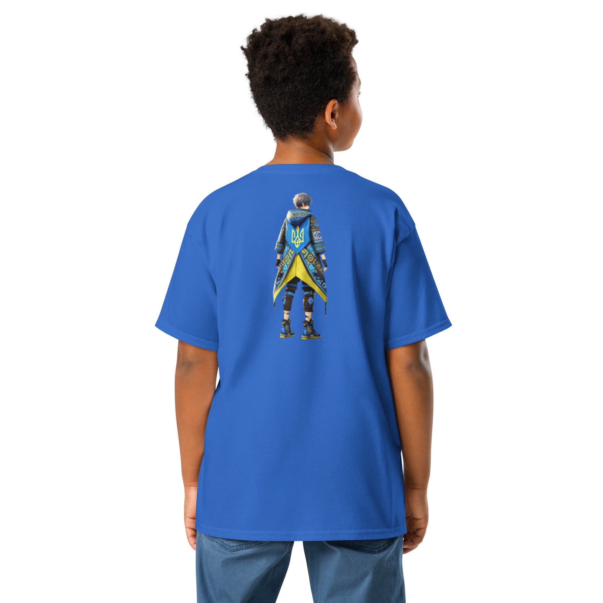 Youth wearing blue tee with Ukrainian anime character, showcasing cultural pride. Comfortable, 100% cotton, stylish kids' clothing.