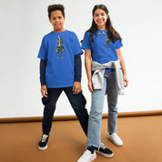 Kids wearing blue youth classic tees with Ukrainian anime character design, expressing Ukrainian pride in a fun, modern way.