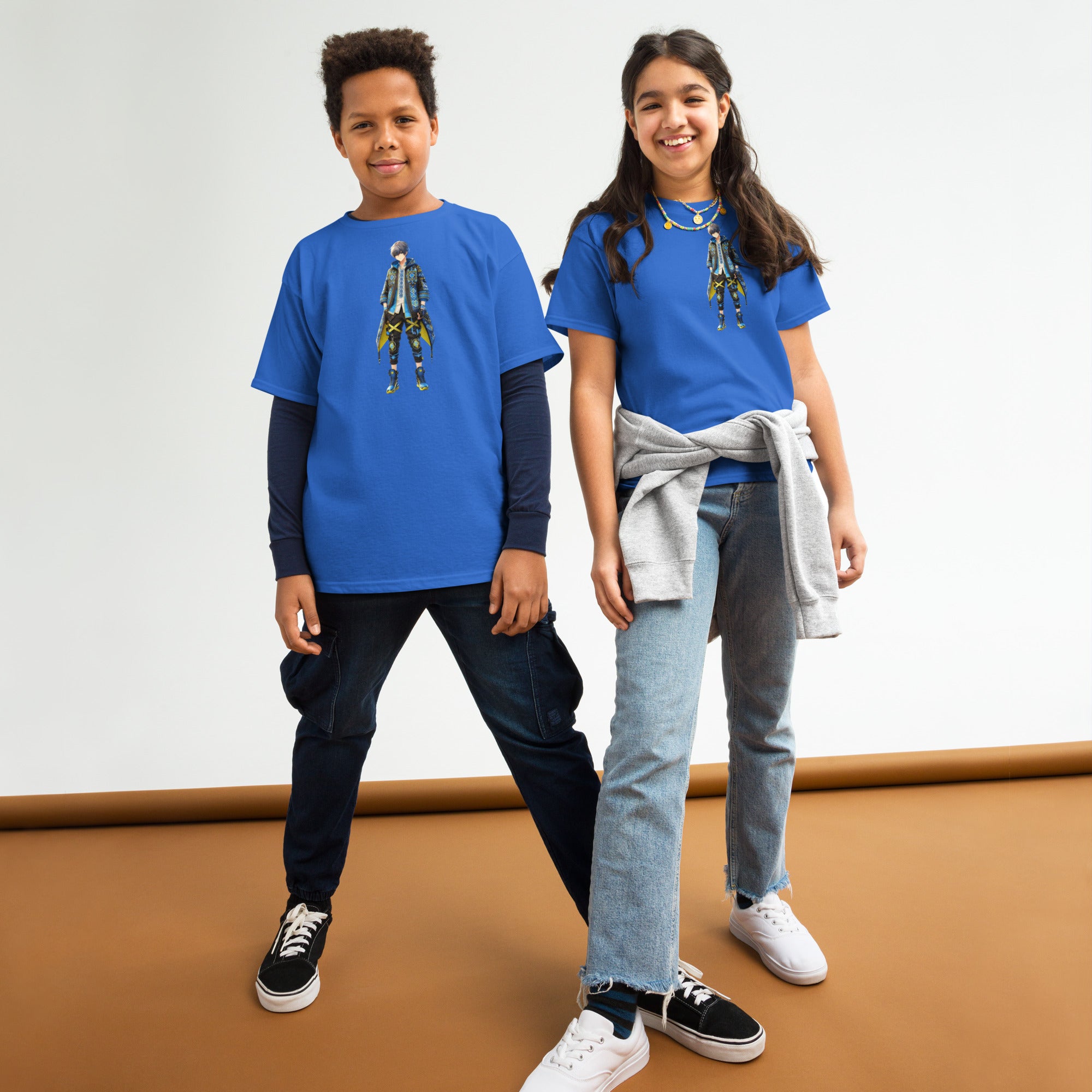 Kids wearing blue youth classic tees with Ukrainian anime character design, expressing Ukrainian pride in a fun, modern way.
