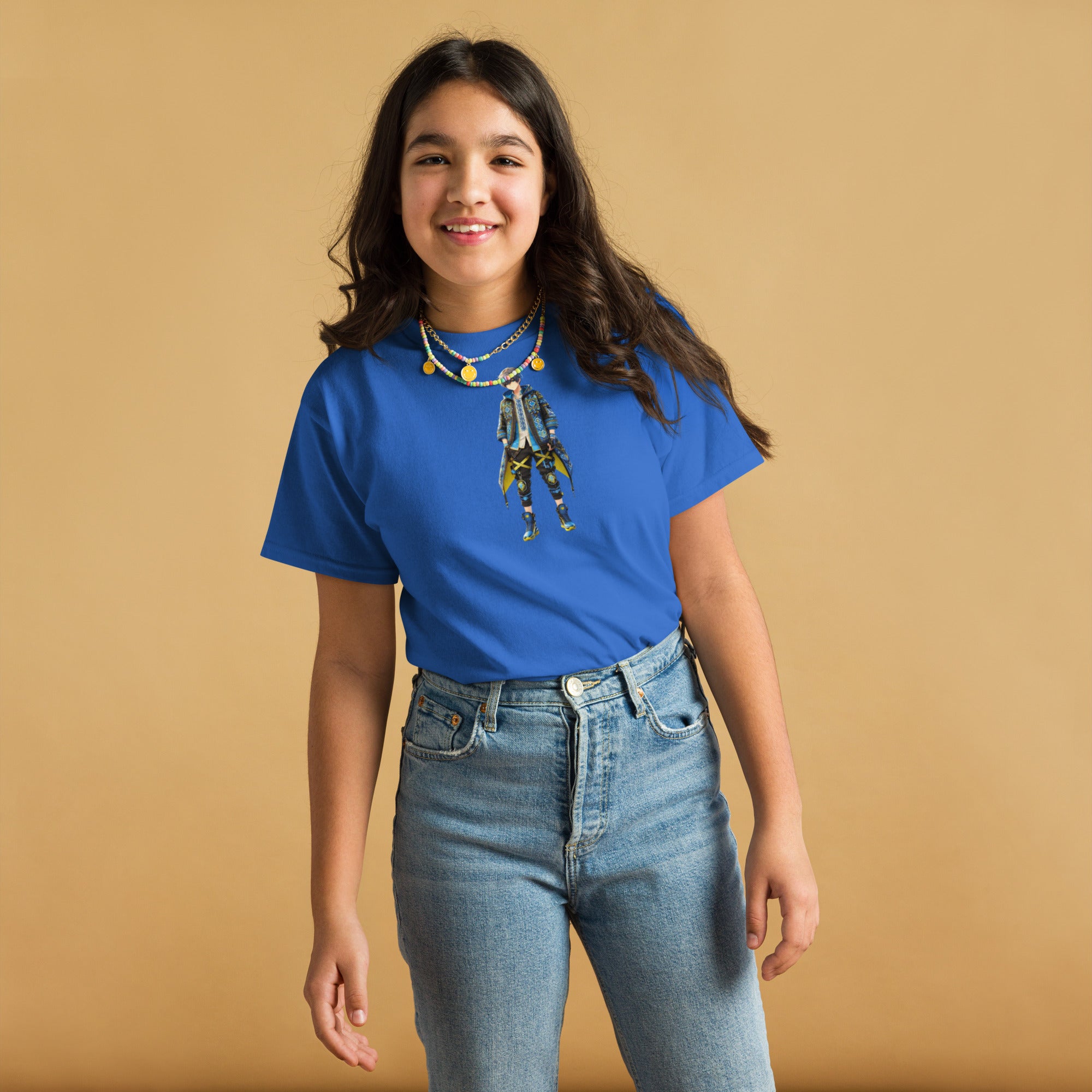 Young girl wearing a blue youth classic tee with Ukrainian anime character design, showcasing style and comfort.